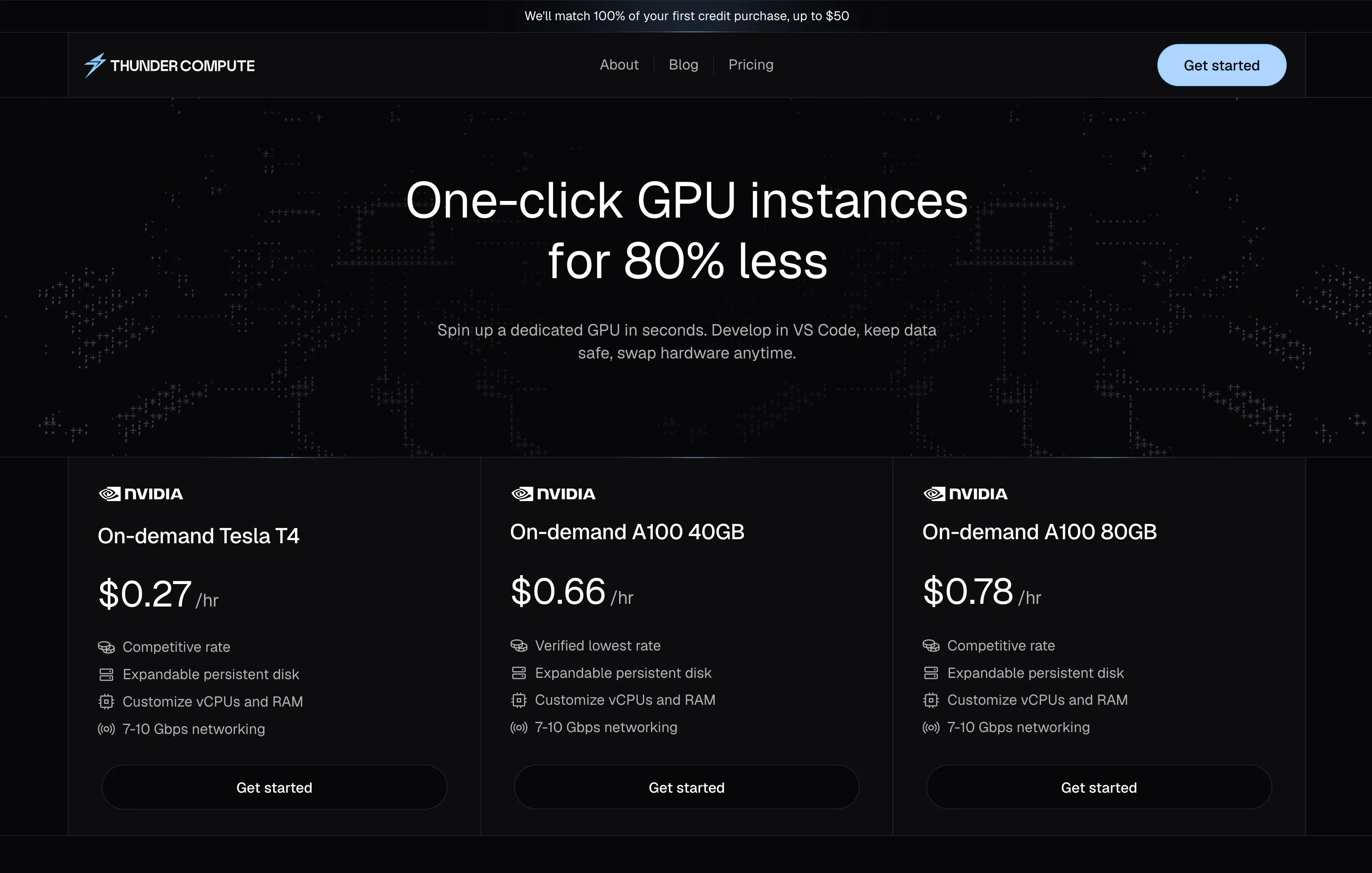 Thunder Compute homepage with on-demand GPU instances and pricing.