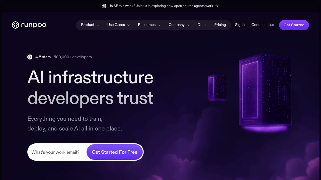 Runpod homepage with container-based GPU options for computer vision workloads.