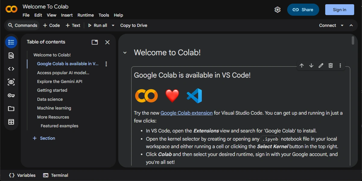 Google Colab landing page showing a browser-based notebook interface.
