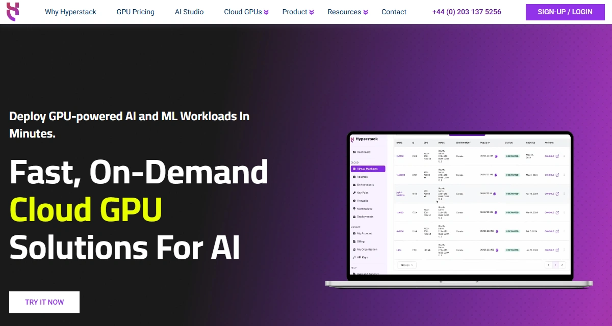 Hyperstack homepage with managed cloud GPU instances.