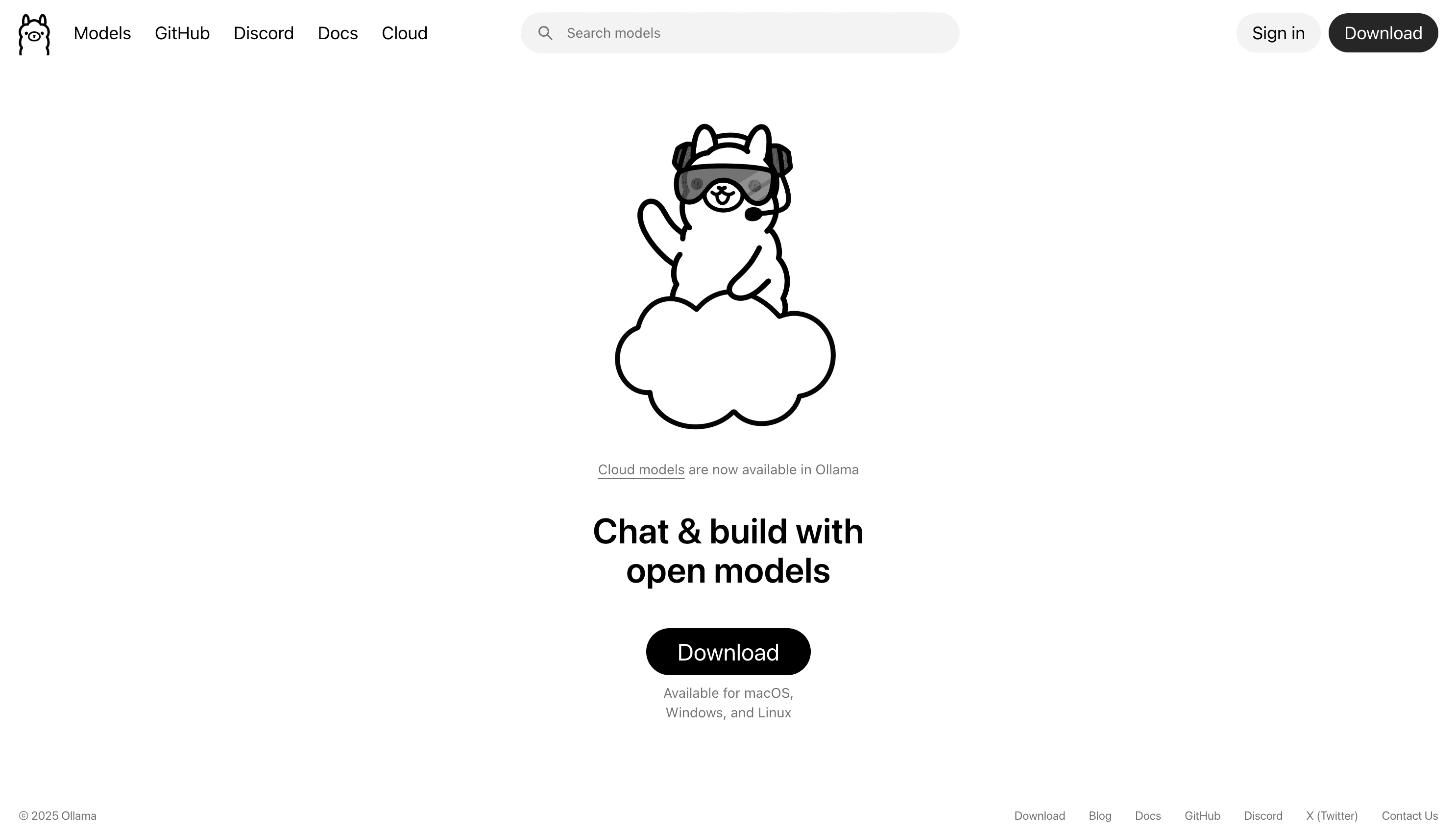 Ollama official website homepage displaying the main interface with navigation menu, logo, and information about running large language models locally on personal computers.