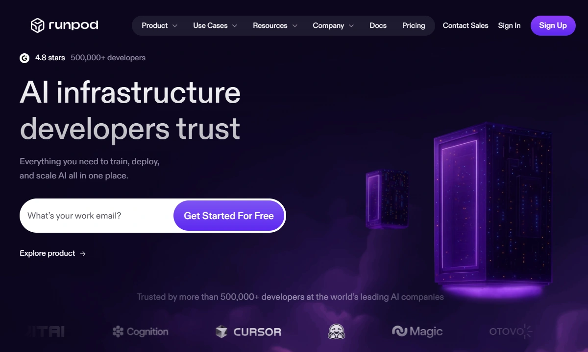 RunPod homepage with on-demand GPU pods and pricing.