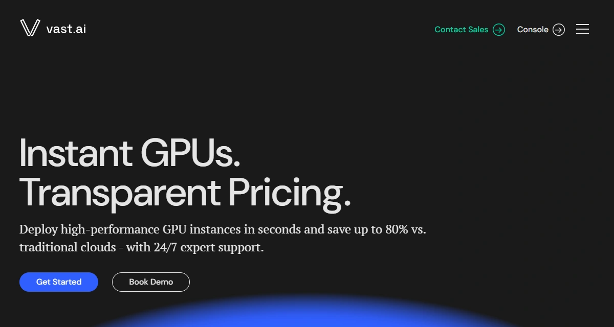 Vast.ai homepage with marketplace GPU listings.